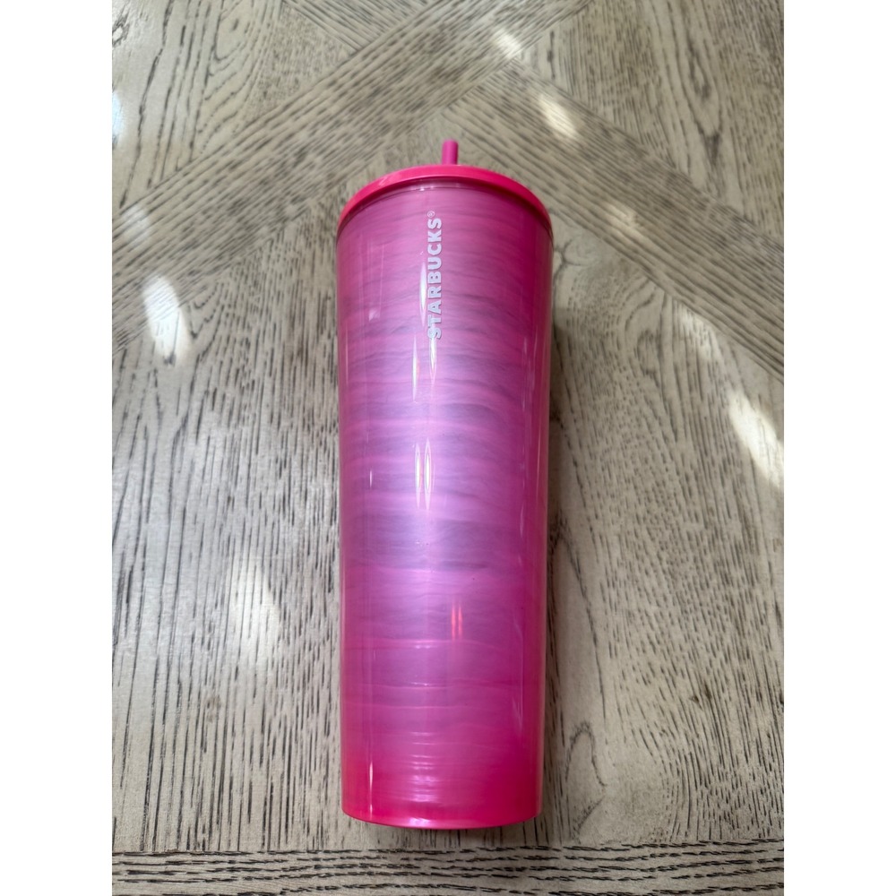 Starbucks Pink Marble Bubblegum Swirl Tumbler with Straw 24 oz Reusable Cold Cup